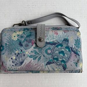 Sakroots Artist Circle Sea Turtle Coral Reef Wristlet Wallet Gray Blue